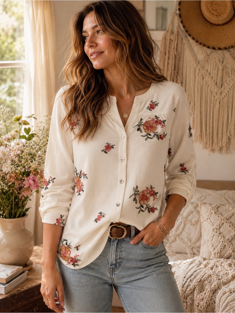 Hope Springs Embroidered Floral Blouse Size Small Boho Cottagecore Top loose fit